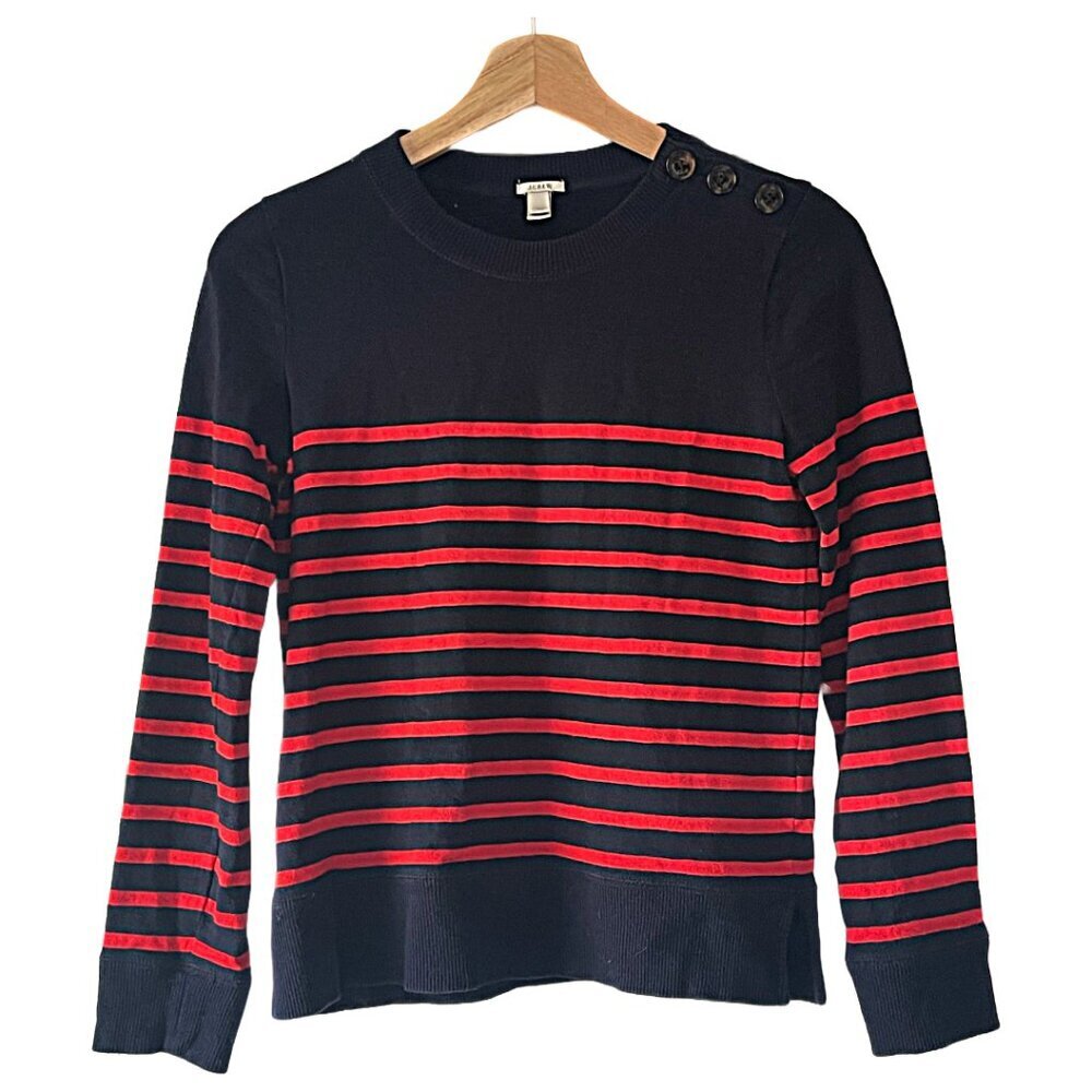 J Crew Striped Red and Navy Cotton Sweater with Buttons NWOT Size XXS